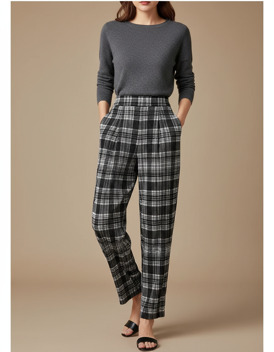 Pantalon À Pince Carreaux Noir Blanc Plissé Décontracté Fluide Femme - Imprimé Laine