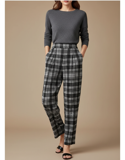 Pantalon À Pince Carreaux Noir Blanc Plissé Décontracté Fluide Femme - Imprimé Laine