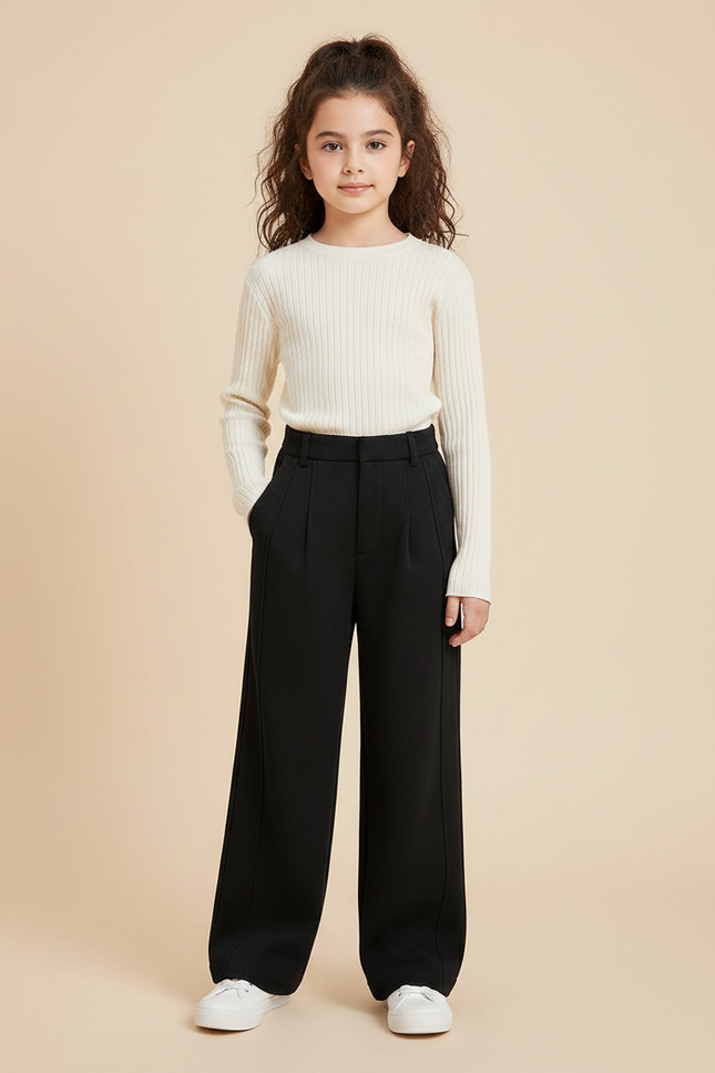 Pantalon À Pince Noir Ample Droit Fille - Gabardine