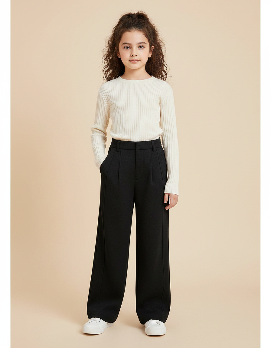 Pantalon À Pince Noir Ample Droit Fille - Gabardine