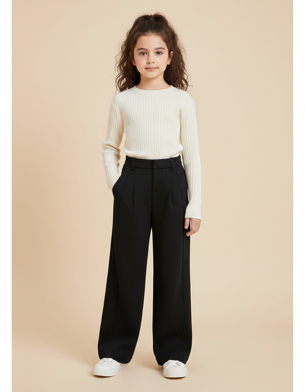 Pantalon À Pince Noir Ample Droit Fille - Gabardine