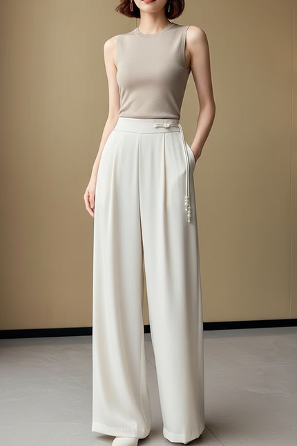 Pantalon À Pince Blanc Cassé Plissé Ample Fluide - Beige Polyester