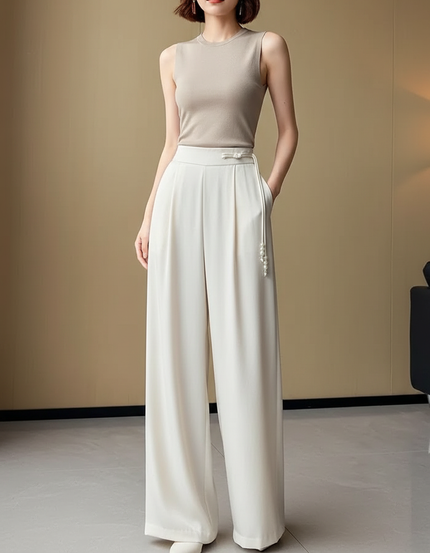 Pantalon À Pince Blanc Cassé Plissé Ample Fluide - Beige Polyester