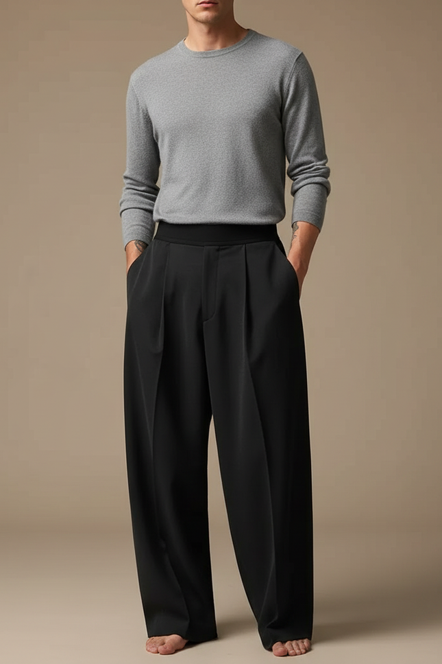 Pantalon À Pince Noir Ample Plissé Homme Élégant - Viscose