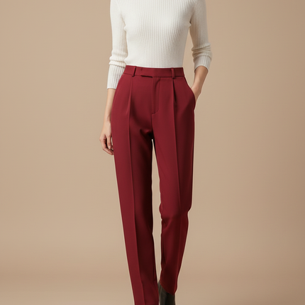 Pantalon À Pince Rouge Bordeau Droit Élégant Femme - Bordeaux Gabardine