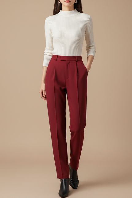Pantalon À Pince Rouge Bordeau Droit Élégant Femme - Bordeaux Gabardine