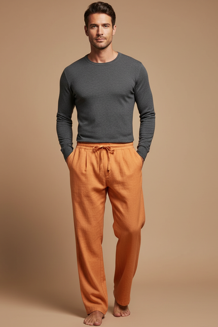 Pantalon À Pince Orange Lin Ample Décontracté Cordon