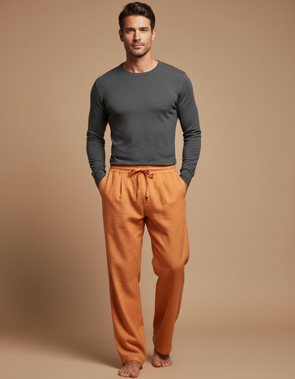 Pantalon À Pince Orange Lin Ample Décontracté Cordon