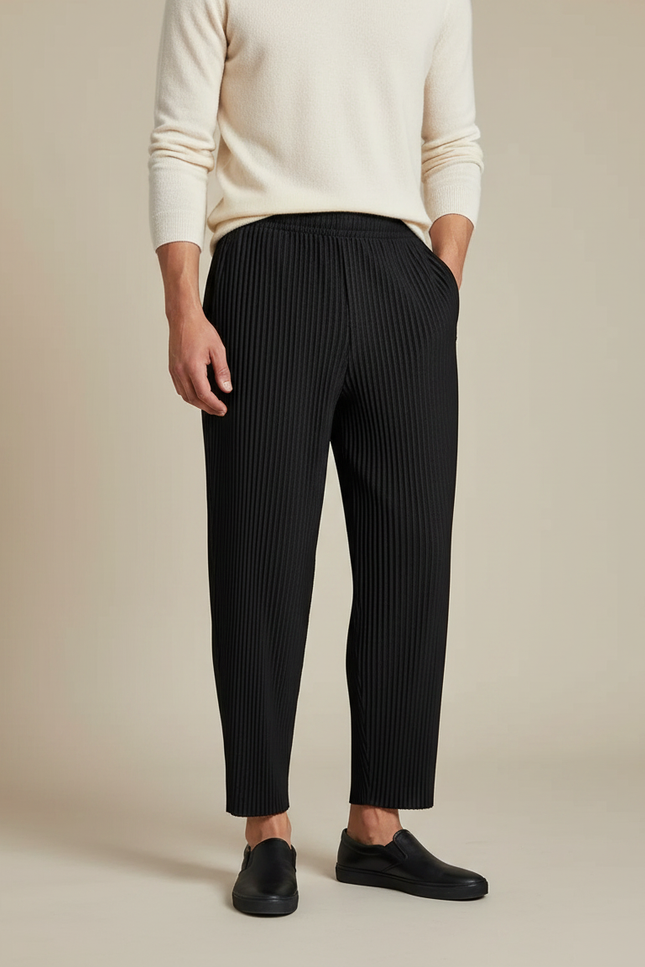 Pantalon À Pince Noir Plissé Fluide Décontracté Homme - Polyester