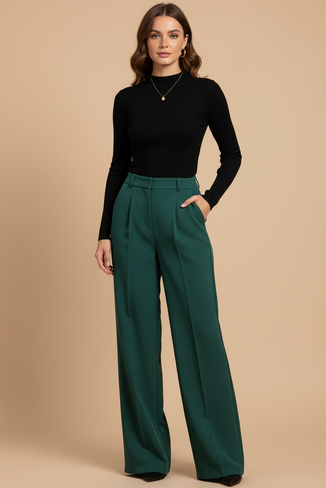 Pantalon À Pince Vert Émeraude Large Fluide Élégant Femme - Polyester