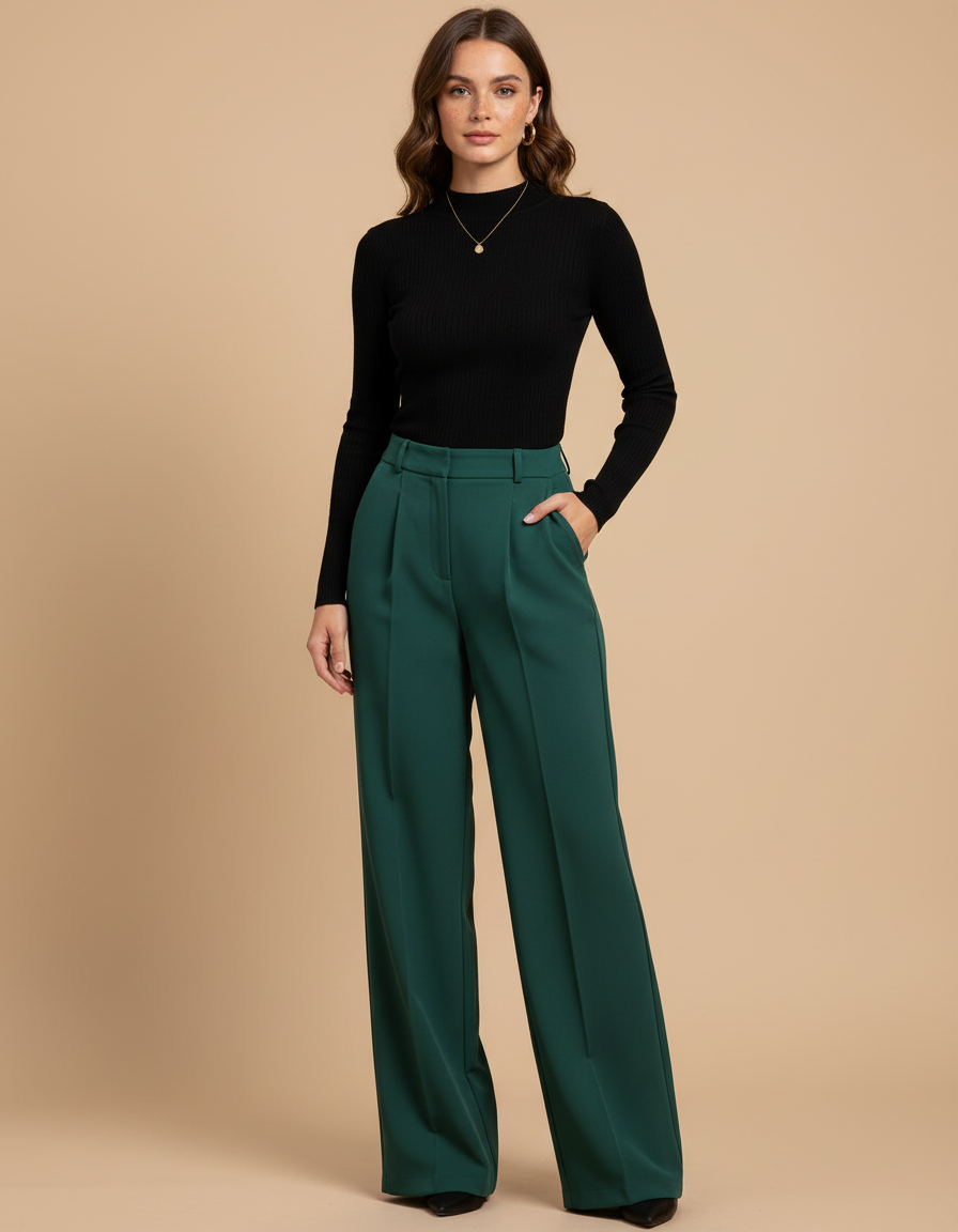 Pantalon À Pince Vert Émeraude Large Fluide Élégant Femme - Polyester