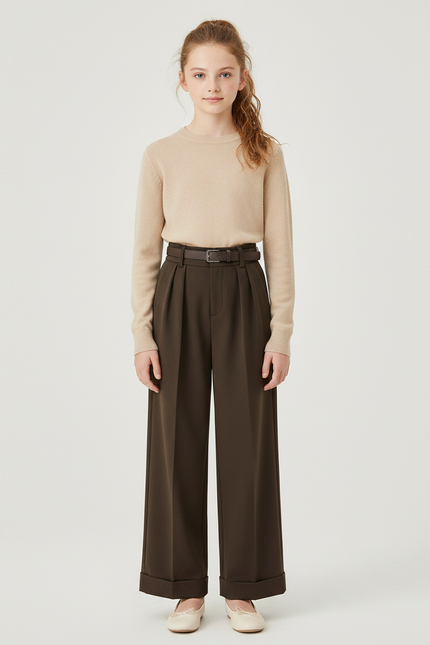 Pantalon À Pince Marron Ample Plissé Ceinturé - Gabardine