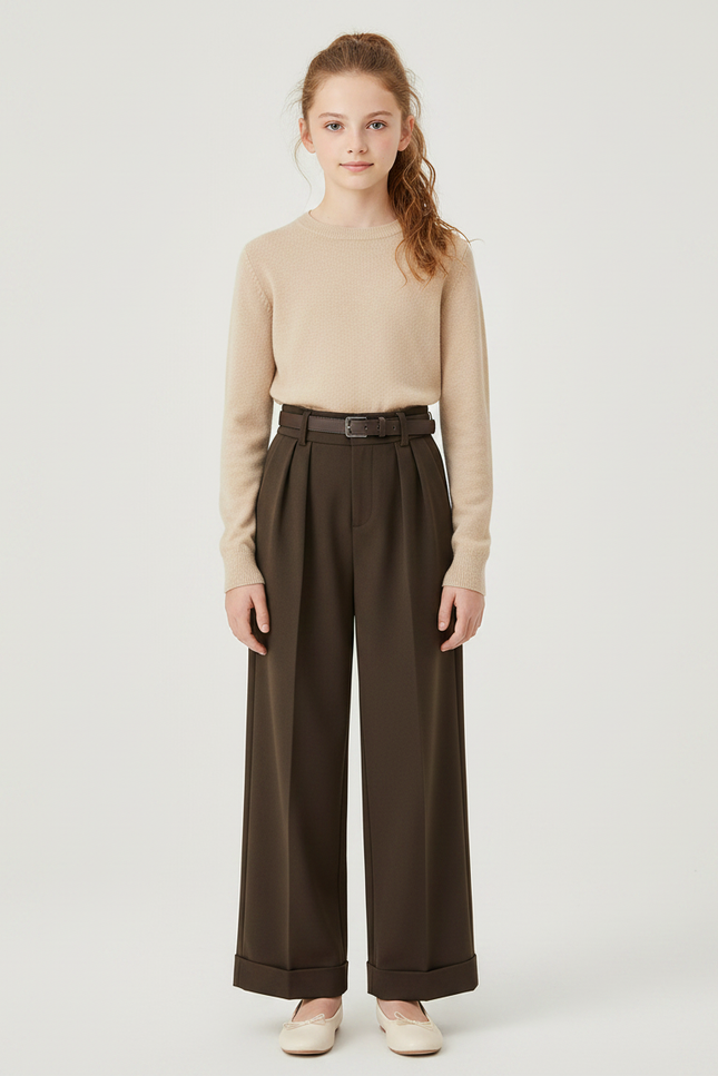 Pantalon À Pince Marron Ample Plissé Ceinturé - Gabardine