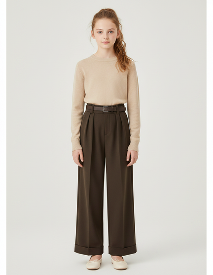 Pantalon À Pince Marron Ample Plissé Ceinturé - Gabardine