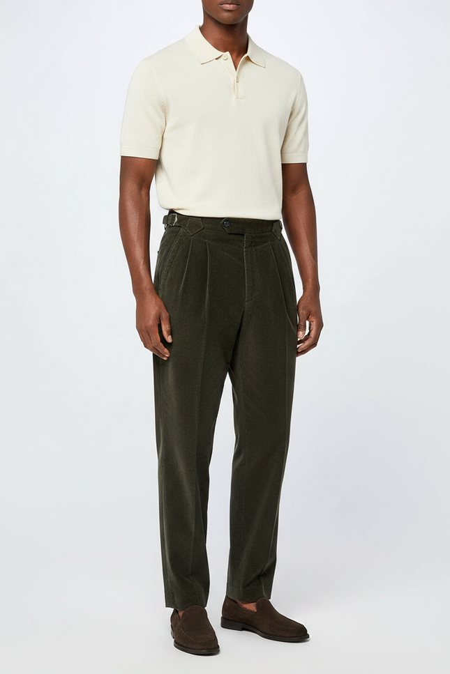 Pantalon À Pince Vert Côtelé Plissé Décontracté Homme - Cordé