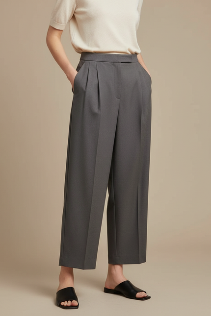 Pantalon À Pince Gris Plissé Taille Haute Élégant Femme - Gabardine