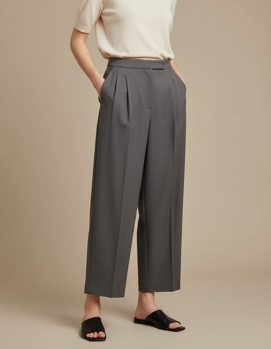 Pantalon À Pince Gris Plissé Taille Haute Élégant Femme - Gabardine