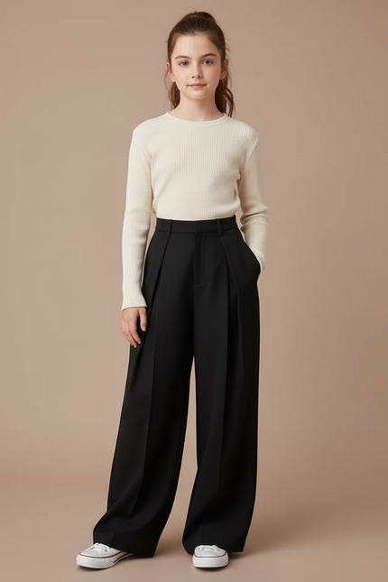 Pantalon À Pince Noir Ample Plissé Confortable Fille - Polyester