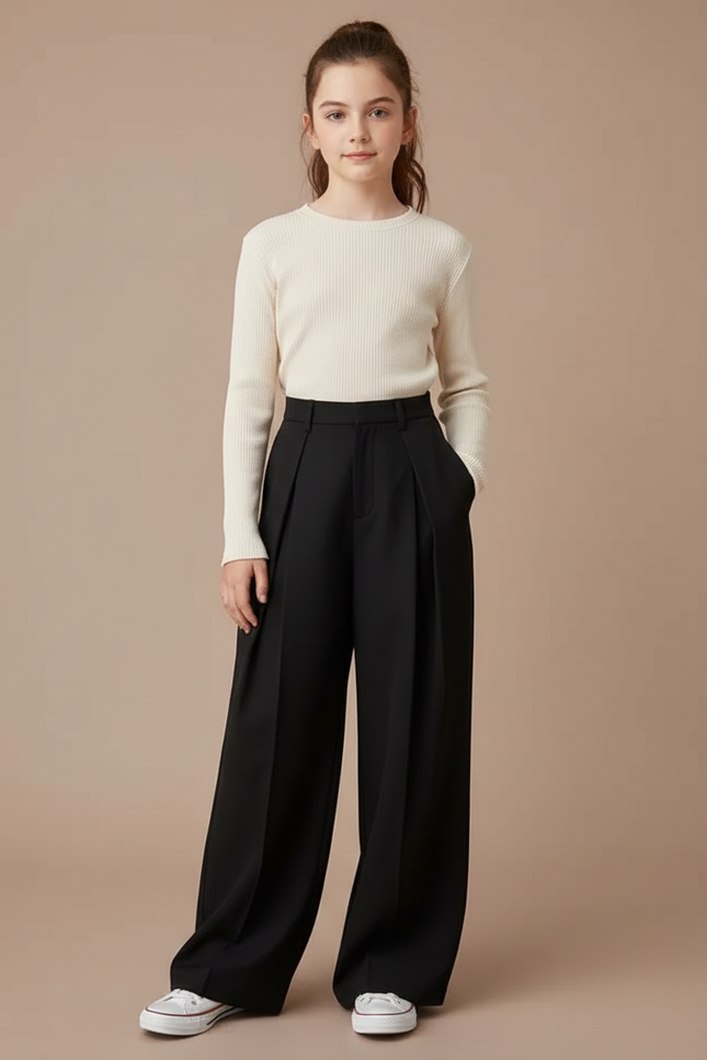 Pantalon À Pince Noir Ample Plissé Confortable Fille - Polyester