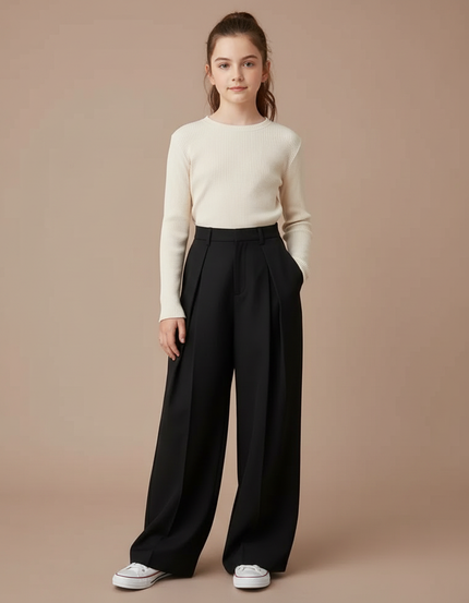 Pantalon À Pince Noir Ample Plissé Confortable Fille - Polyester