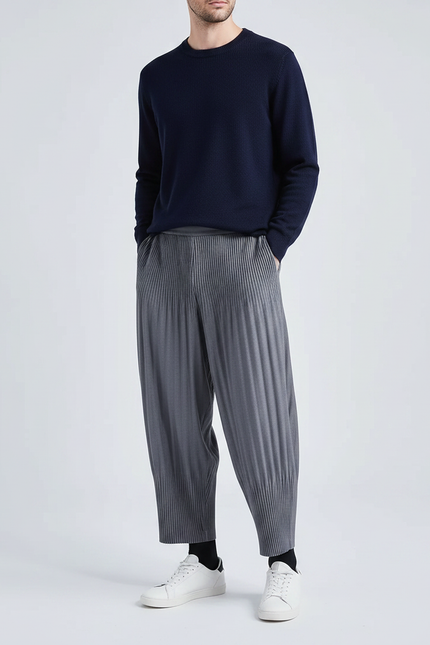 Pantalon À Pince Plissé Ample Gris Décontracté Homme - Polyester