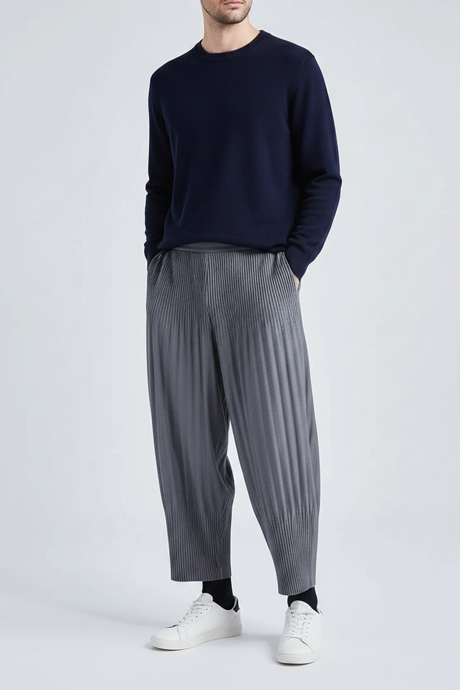 Pantalon À Pince Plissé Ample Gris Décontracté Homme - Polyester