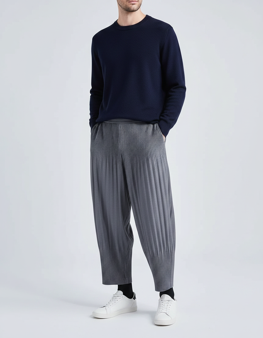 Pantalon À Pince Plissé Ample Gris Décontracté Homme - Polyester