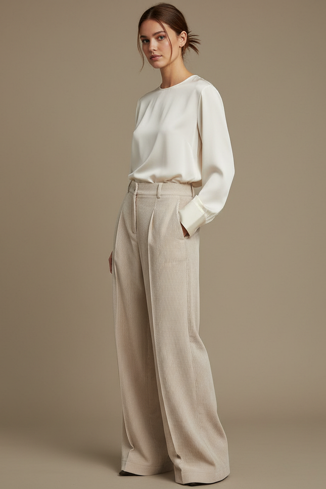 Pantalon À Pince Beige Côtelé Ample Taille Haute - Cordé