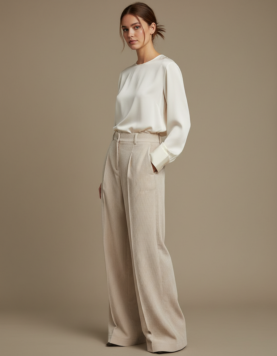 Pantalon À Pince Beige Côtelé Ample Taille Haute - Cordé