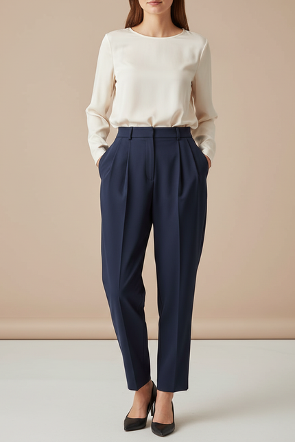 Pantalon À Pince Bleu Marine Fluide Ample Élégant Femme - Polyester