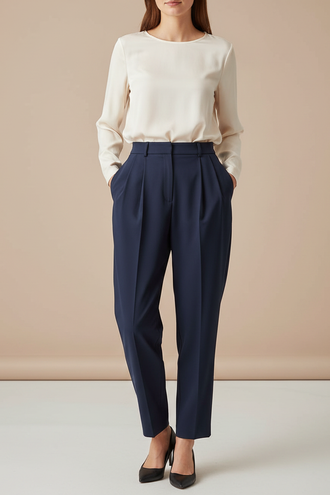 Pantalon À Pince Bleu Marine Fluide Ample Élégant Femme - Polyester