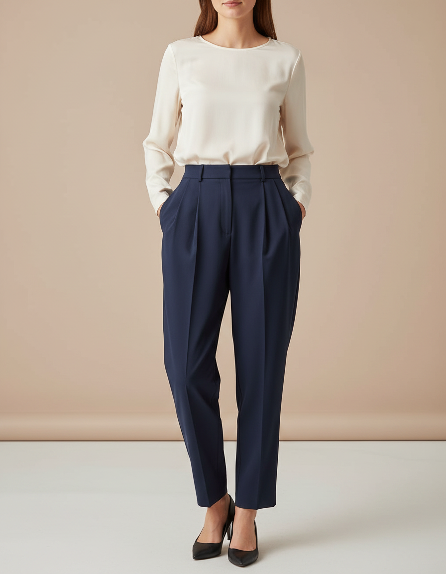Pantalon À Pince Bleu Marine Fluide Ample Élégant Femme - Polyester