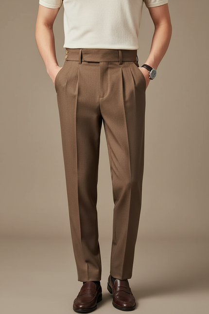 Pantalon À Pince Marron Taille Haute Élégant Homme - Gabardine