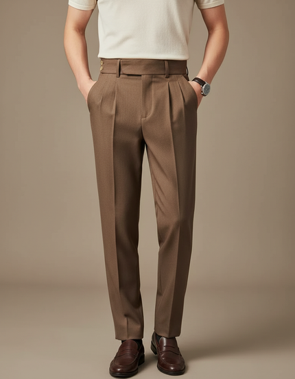 Pantalon À Pince Marron Taille Haute Élégant Homme - Gabardine