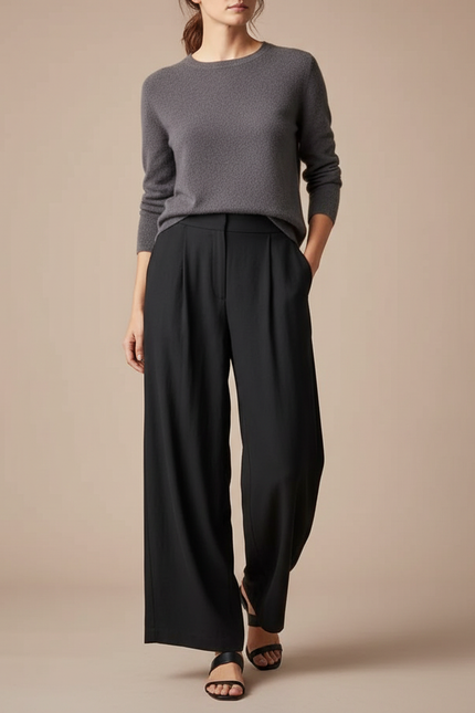 Pantalon À Pince Noir Fluide Élégant Plissé Femme - Polyester