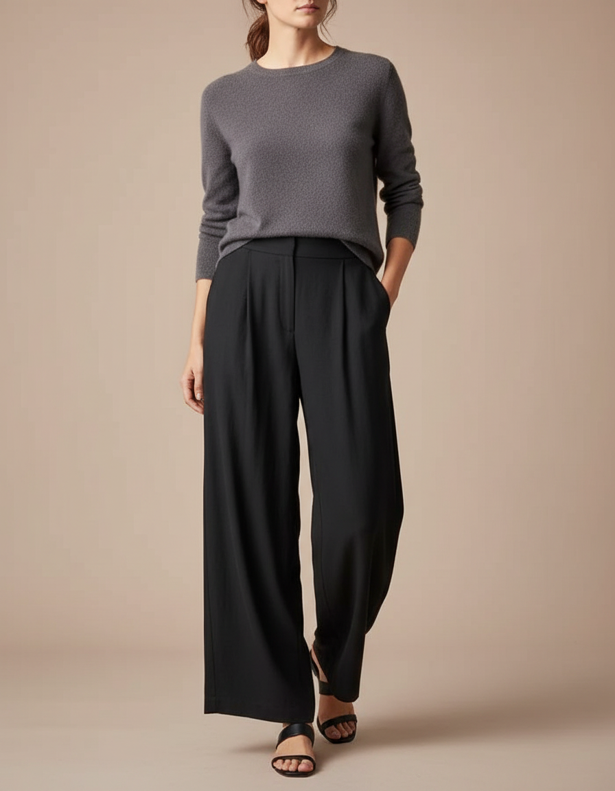 Pantalon À Pince Noir Fluide Élégant Plissé Femme - Polyester