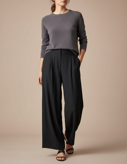 Pantalon À Pince Noir Fluide Élégant Plissé Femme - Polyester