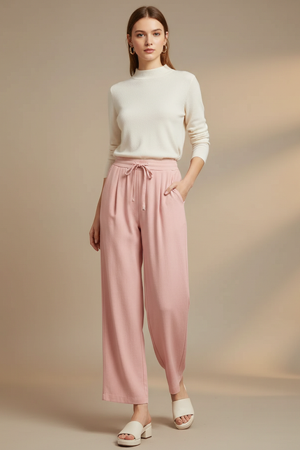 Pantalon À Pince Rose Fluide Cordon Décontracté Ample - Maille