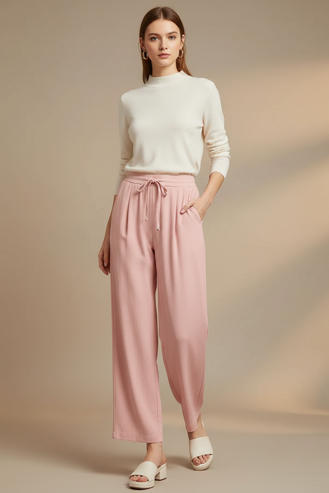 Pantalon À Pince Rose Fluide Cordon Décontracté Ample - Maille