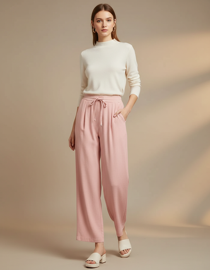 Pantalon À Pince Rose Fluide Cordon Décontracté Ample - Maille