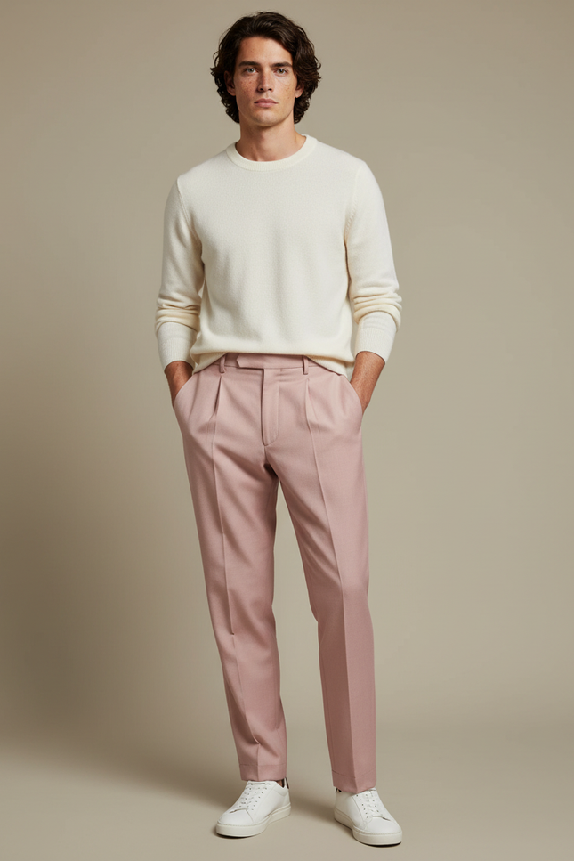 Pantalon À Pince Rose Homme Droit Élégant Décontracté - Gabardine