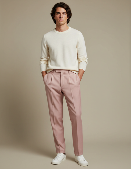 Pantalon À Pince Rose Homme Droit Élégant Décontracté - Gabardine