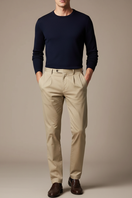 Pantalon À Pince Beige Plissé Coton Droit Homme