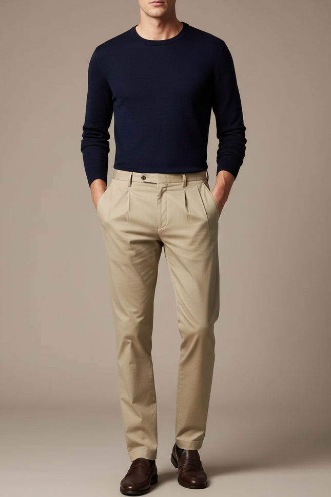 Pantalon À Pince Beige Plissé Coton Droit Homme