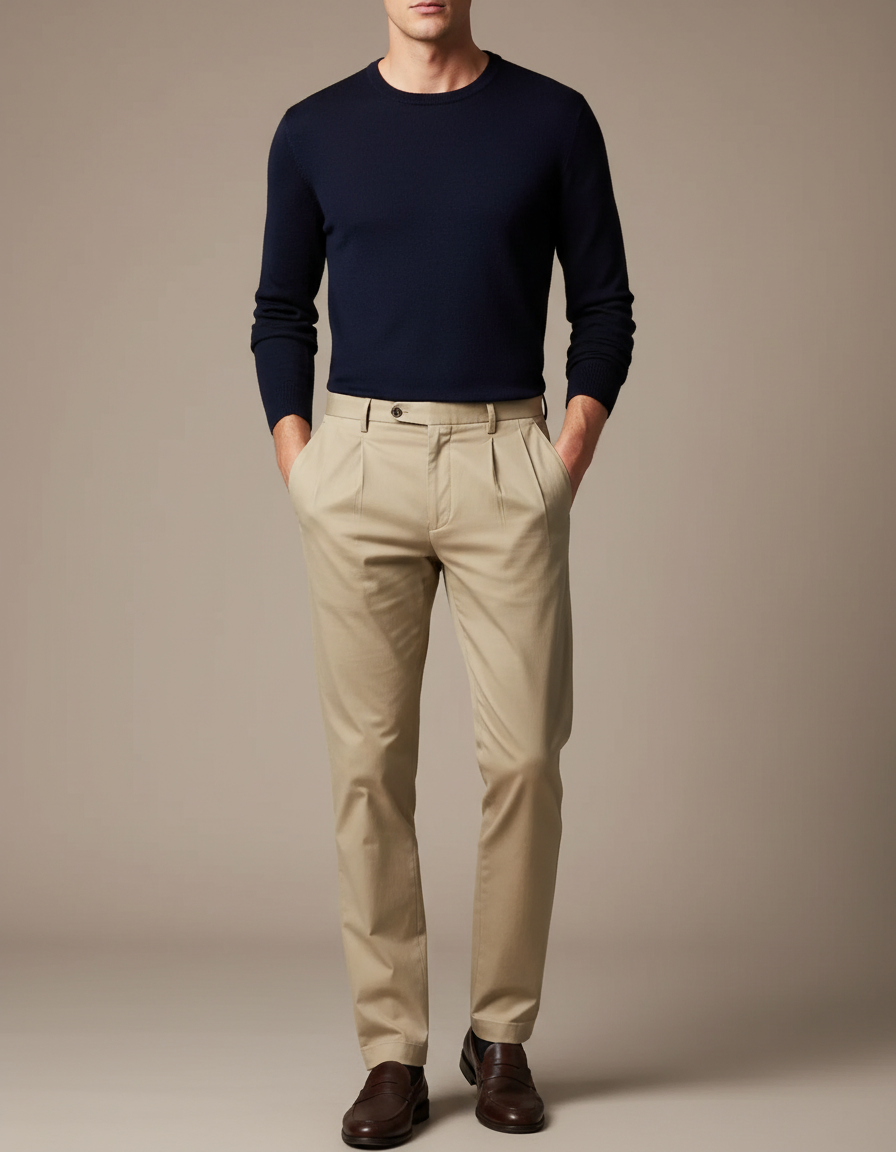 Pantalon À Pince Beige Plissé Coton Droit Homme