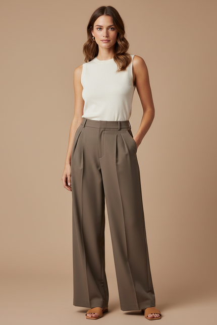 Pantalon À Pince Kaki Ample Plissé Fluide Élégant - Gabardine
