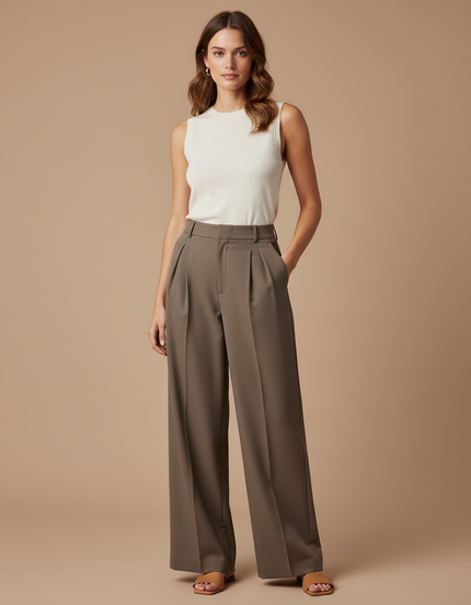 Pantalon À Pince Kaki Ample Plissé Fluide Élégant - Gabardine