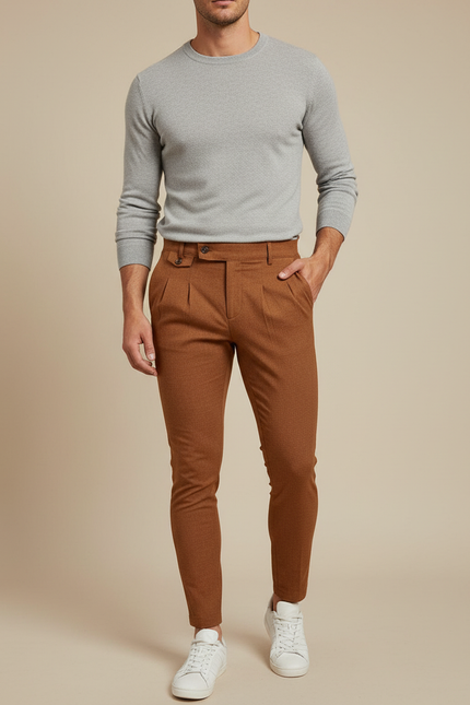 Pantalon À Pince Marron Slim Plissé Homme Élégant - Tweed