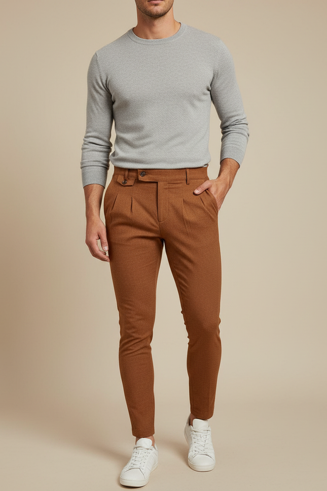 Pantalon À Pince Marron Slim Plissé Homme Élégant - Tweed