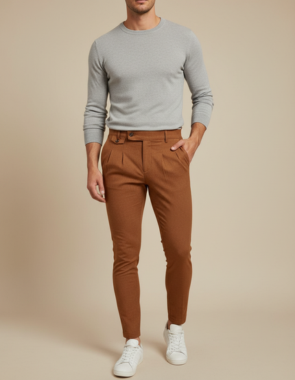 Pantalon À Pince Marron Slim Plissé Homme Élégant - Tweed